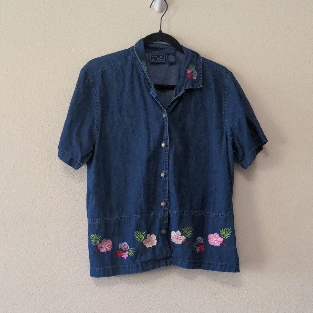 Jane Ashley Floral Embroidered Denim Shirt